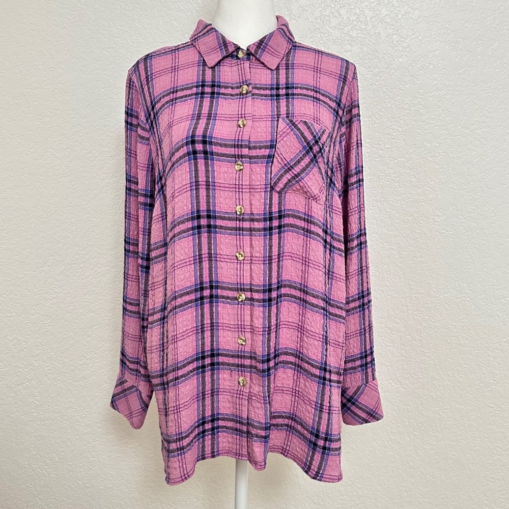 J. Jill Soft Crinkled Plaid Tunic Pink Lilac‎ Purple Womens Medium Long Sleeve